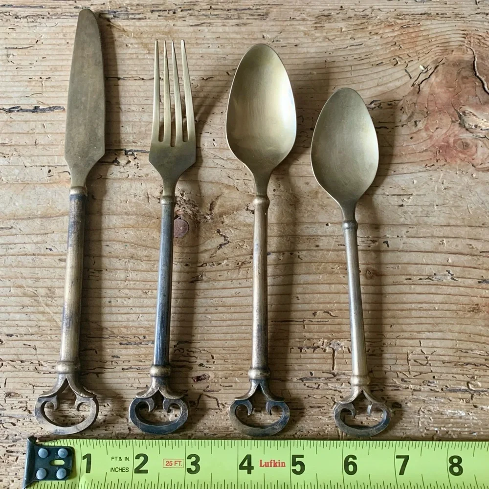 Vintage Pottery Barn Bronze Keys Flatware 4 Four Piece Set Lot Knife Fork Spoons
